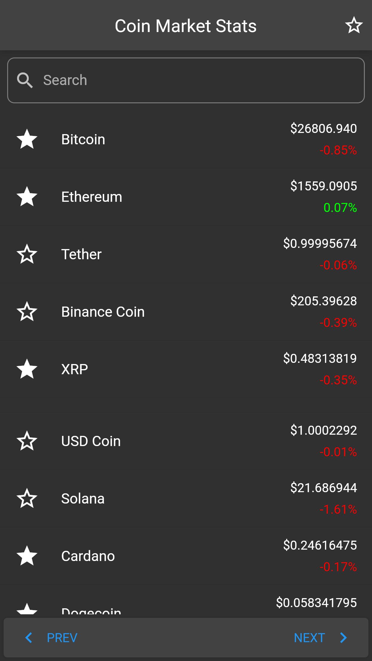 Coin Market Stats Screenshot